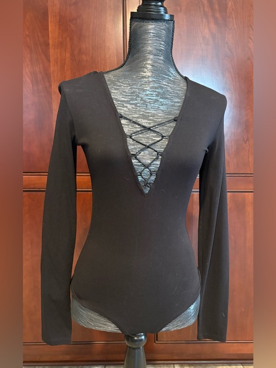 Guess Tops - Guess Black Long-Sleeve V-Neck Lace-Up Bodysuit